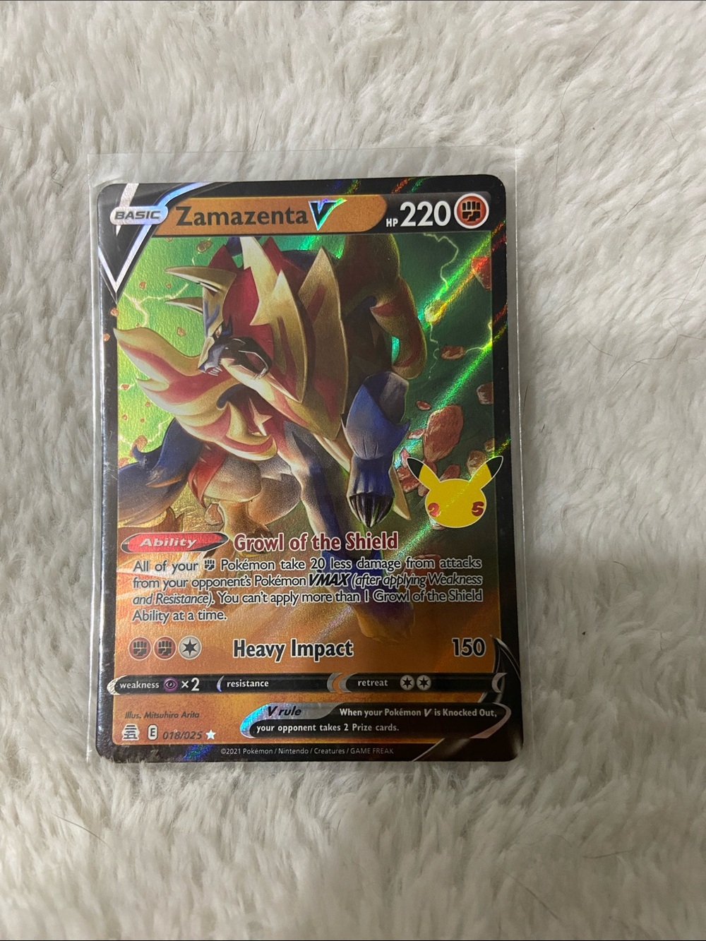 This is the Zamazenta V (#018/025) Ultra Rare card Pokémon 25th Anniversary
